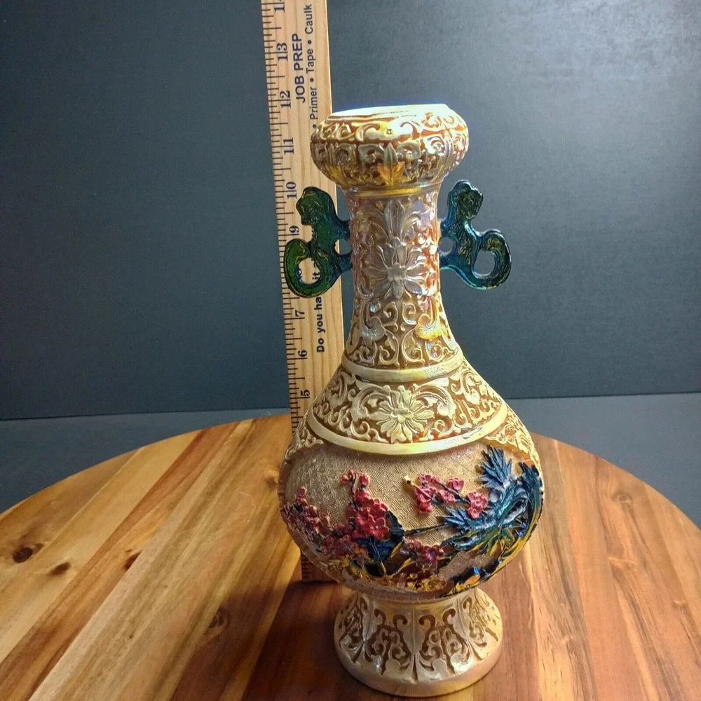 Vintage Antique Carved Resin Vase Asian Japanese Chinese Satsuma Style 12